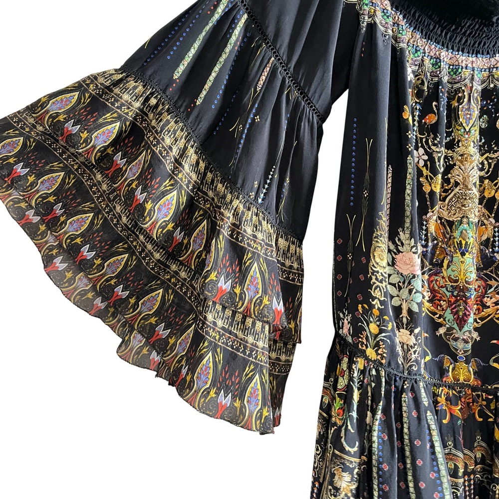Camilla Rebelle Off Shoulder Beaded 100% Silk Dress Bell Sleeves Flowy XS Black - Picture 7 of 11